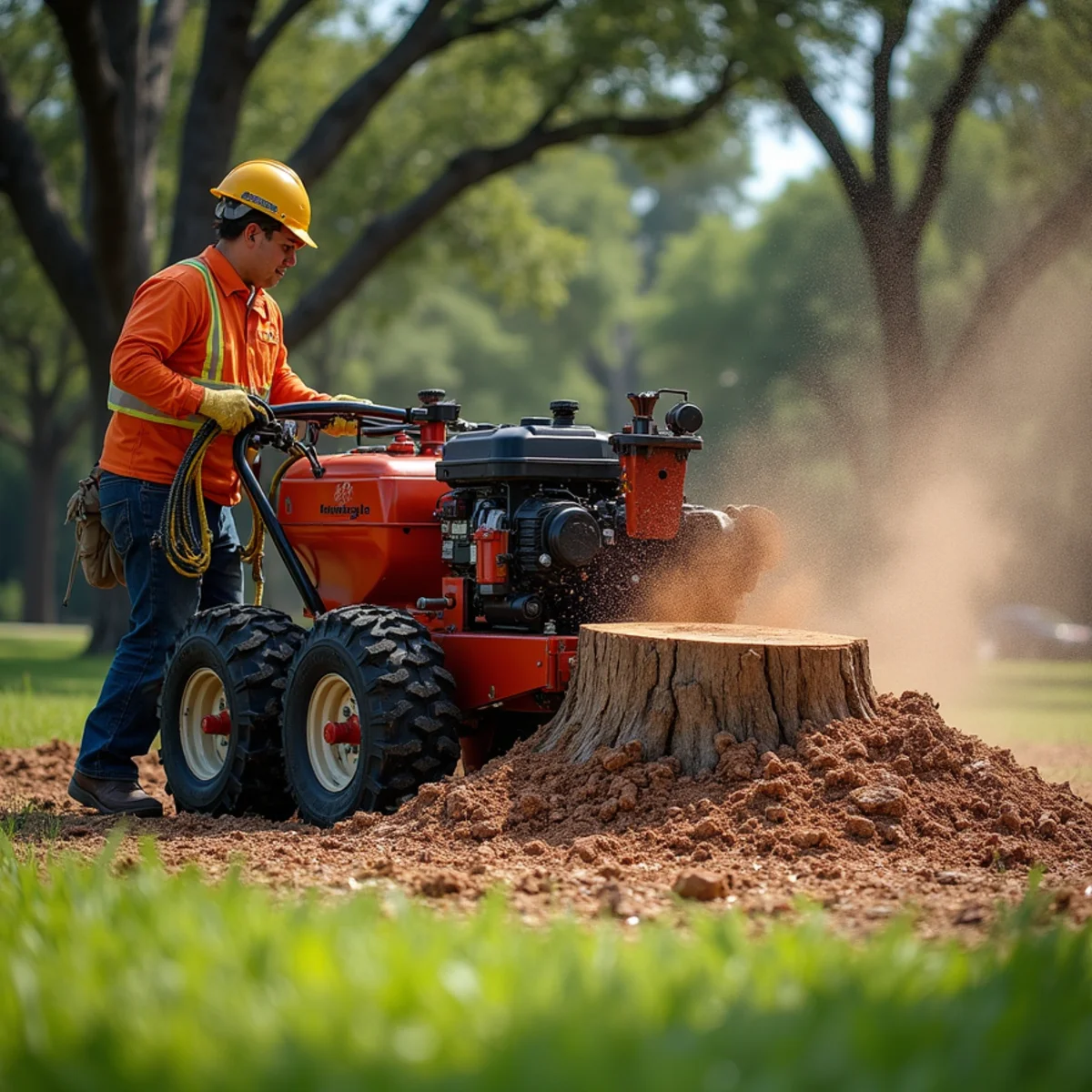 Commercial hydraulic stump grinder milling subterranean tree roots 14 inches below grade